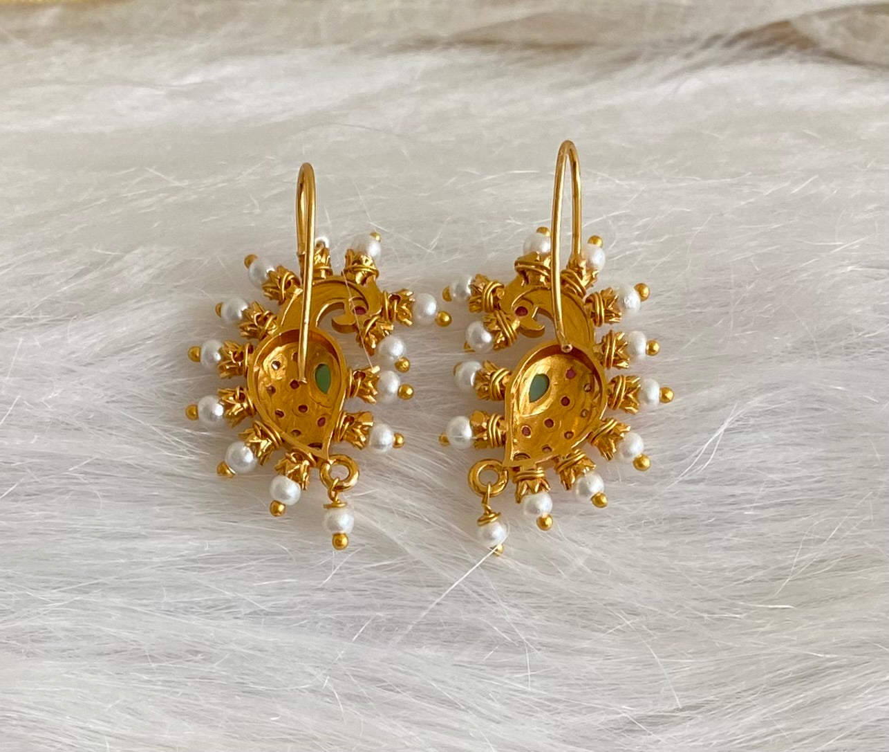 Matte gold pink-white-green stone pearl peacock bugadi earrings dj-53673