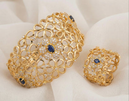 Gold tone Cz Blue Bracelet With Finger Ring DJ17984