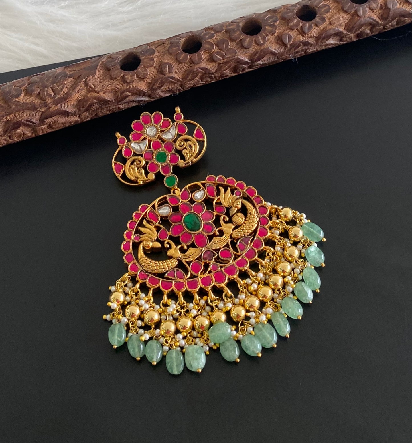 Antique gold tone pink-green-white kundan jadau peacock green bead pendant dj-50679