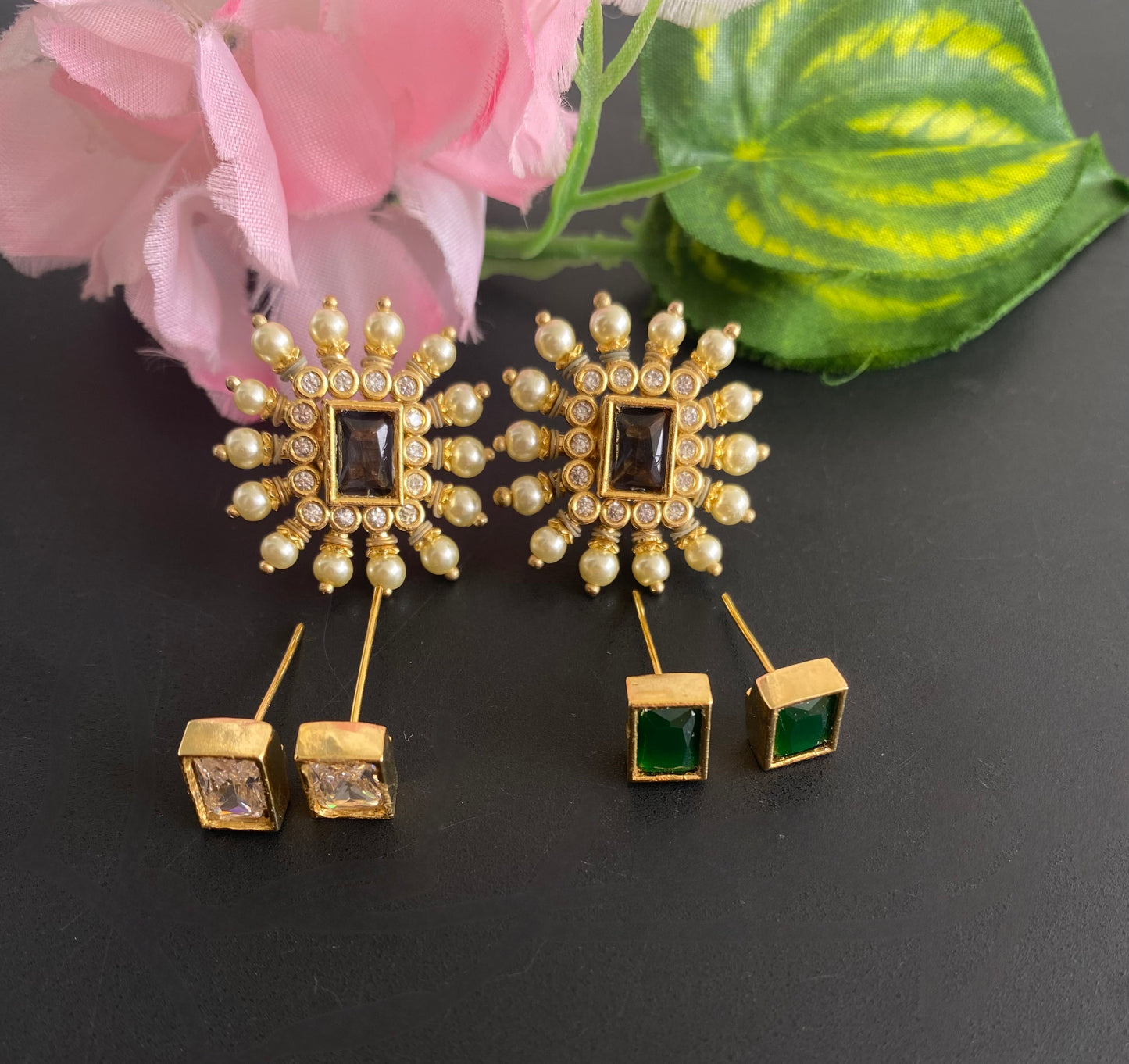 Gold tone cz pearl block stone changeable stud/earrings dj-51124