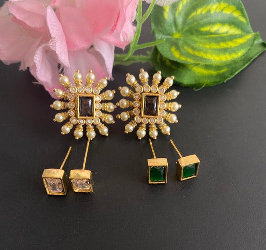 Gold tone cz pearl block stone changeable stud/earrings dj-51124