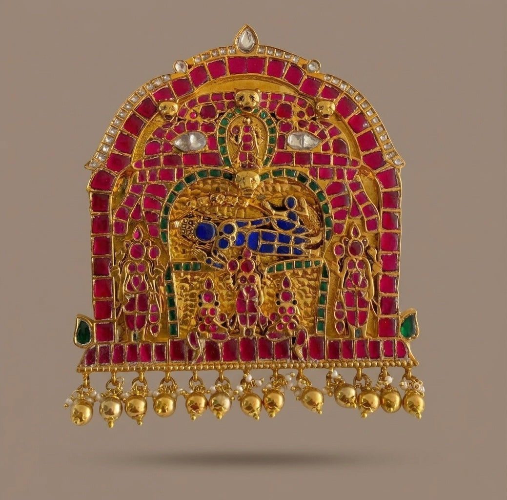 Gold tone pink-green-blue-white kundan jadau Sri Ranganathar pendant dj-46030
