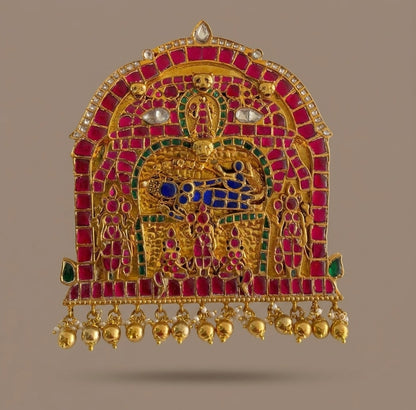 Gold tone pink-green-blue-white kundan jadau Sri Ranganathar pendant dj-46030