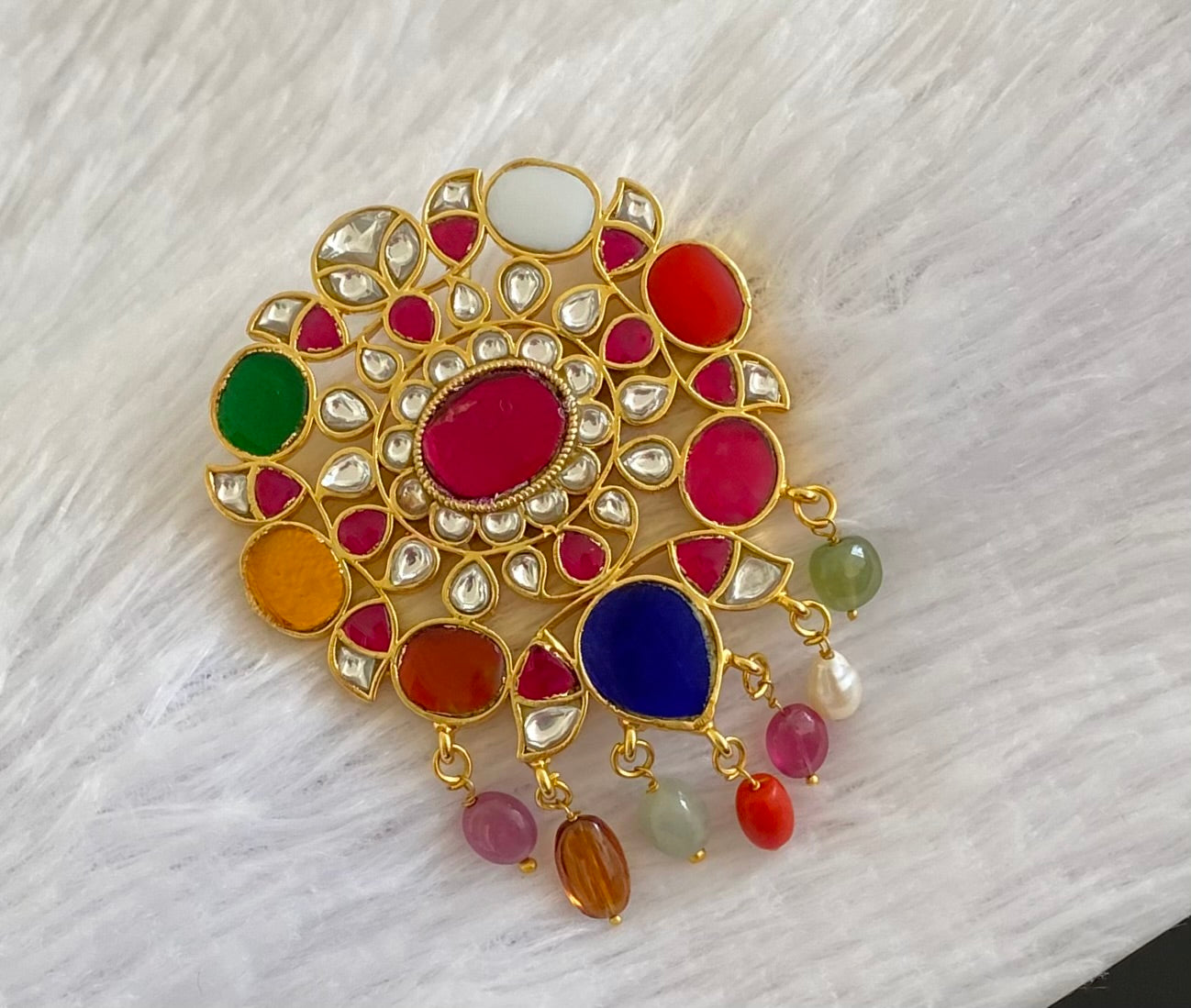 Gold tone navarathna kundan jadau flower pendant dj-51587
