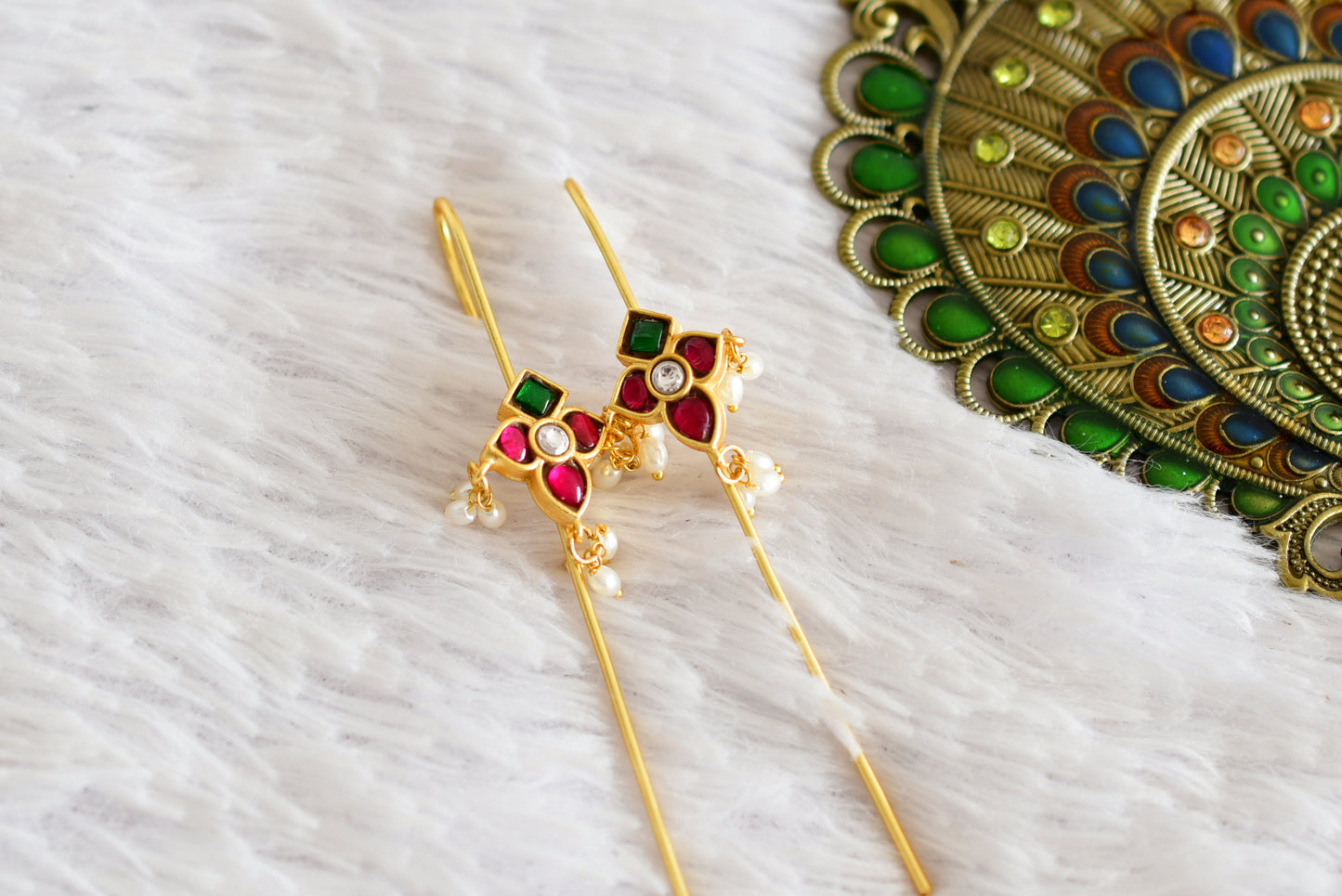 Gold tone pink-green-white kundan jadau bugadi needle earrings dj-52497