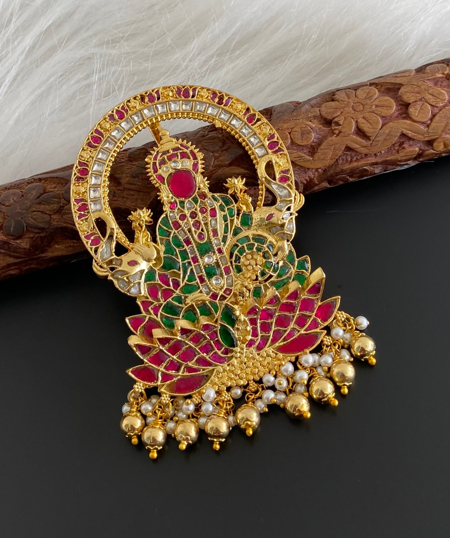 Gold tone pink-green-white kundan jadau gajalakshmi pendant dj-49692