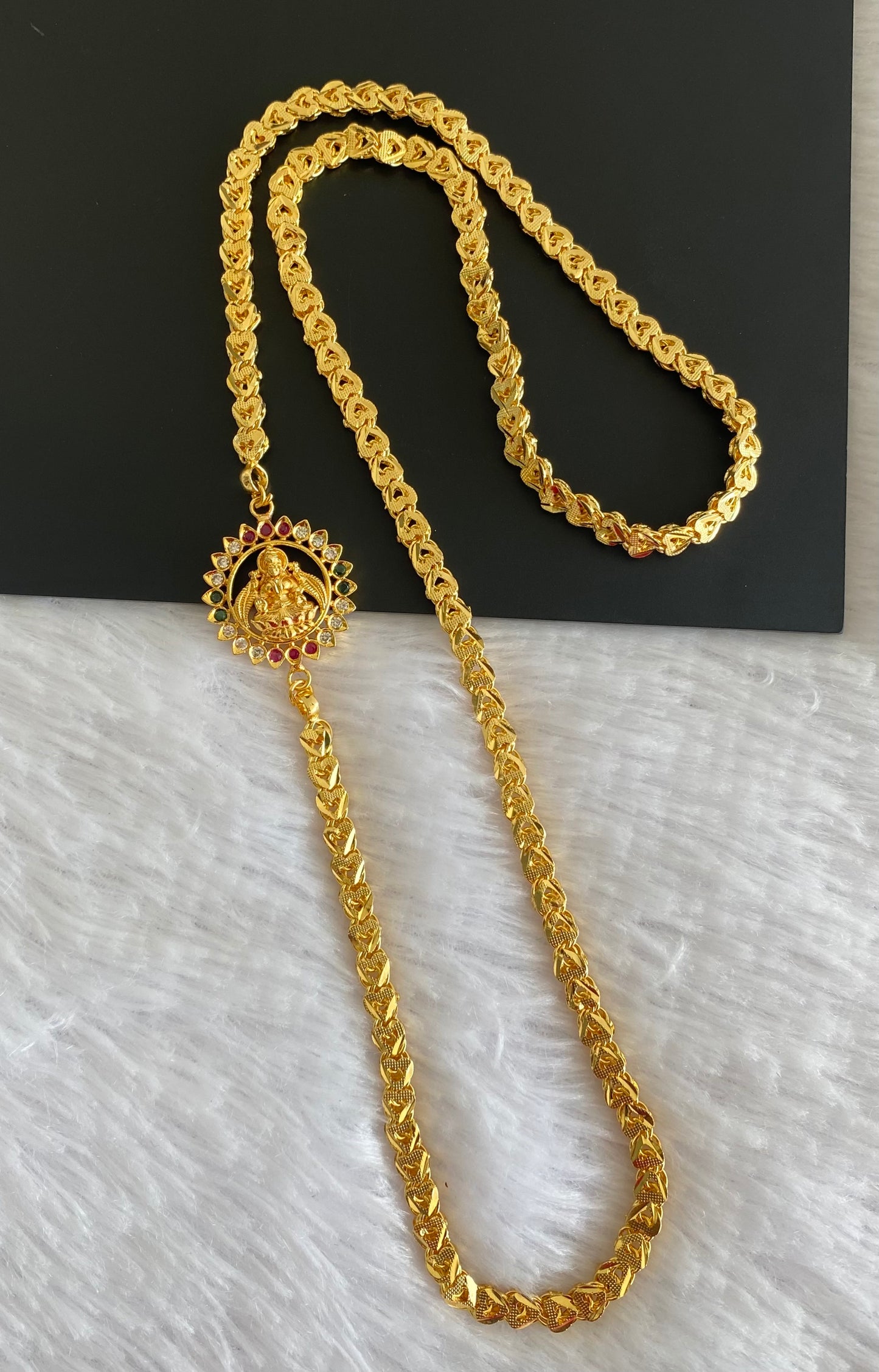 Gold tone white-green-pink stone lakshmi Mugappu chain dj-53108