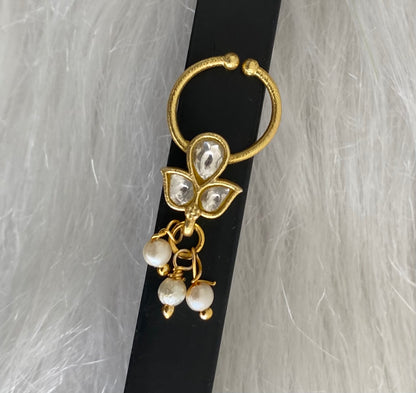 Gold tone kundan jadau white stone pearl nose pin/bulakku dj-53803