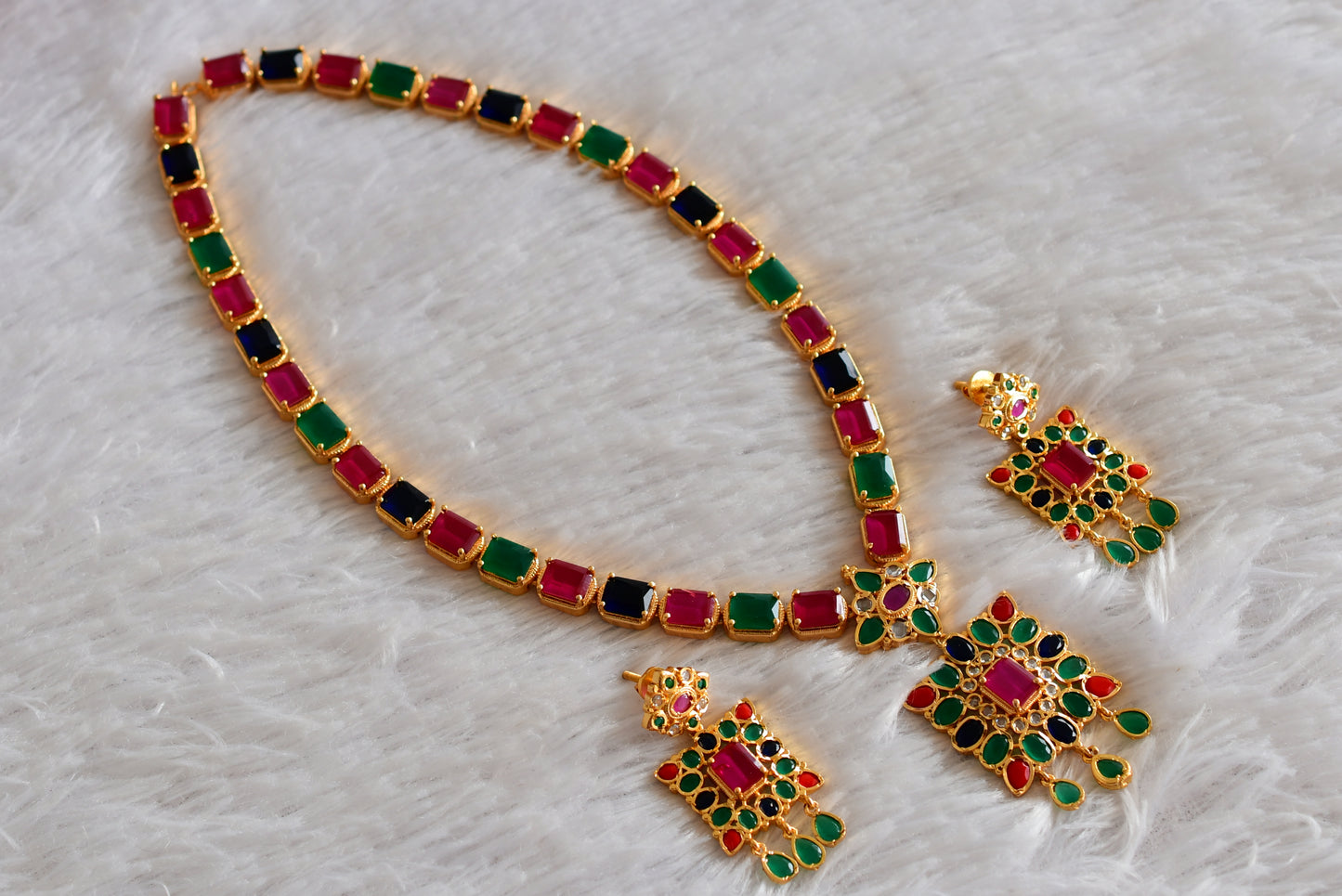 Gold tone Cz Navarathna block stone haar set dj-51950