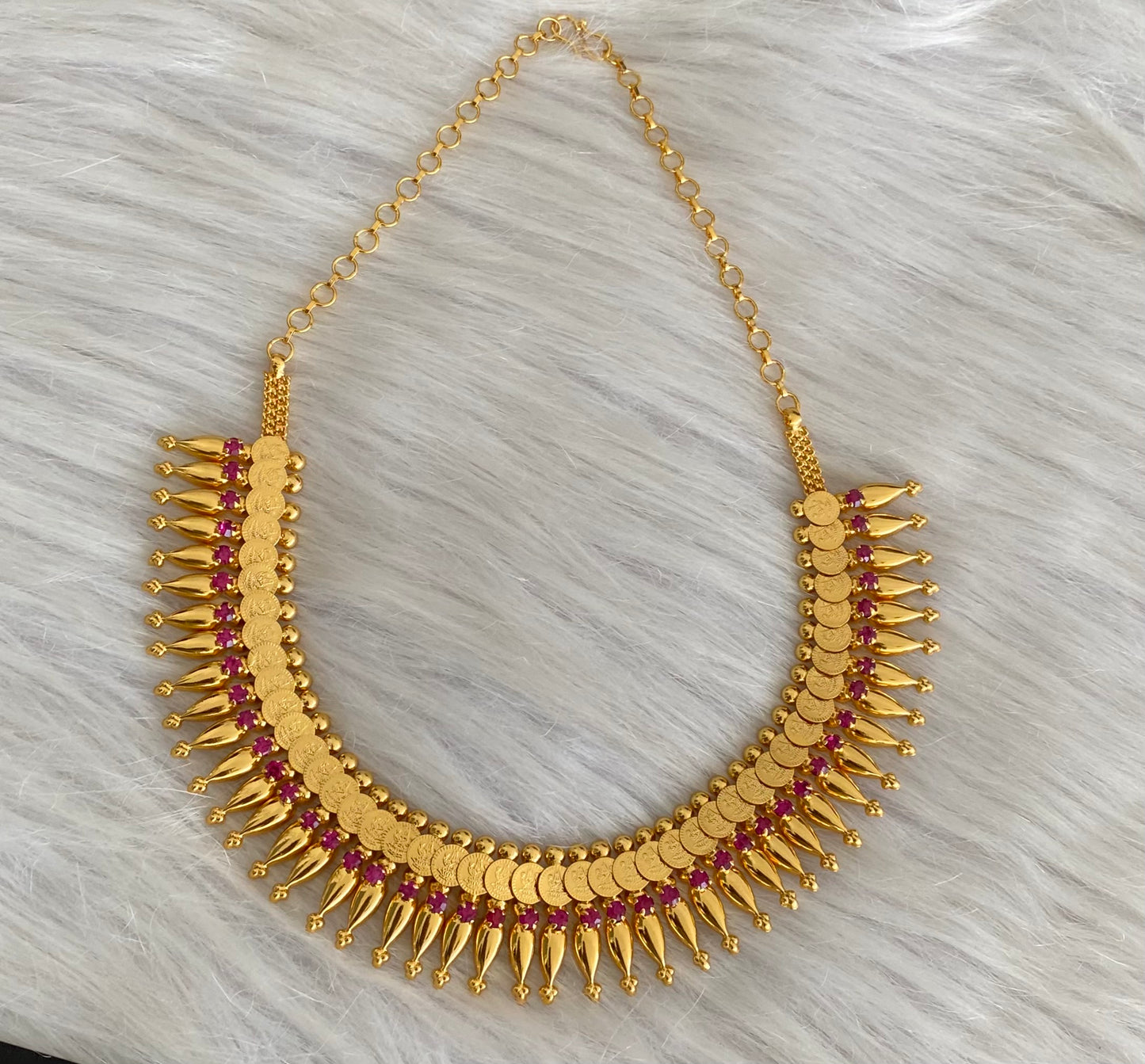 Gold tone kerala style pink stone lakshmi coin necklace dj-54136