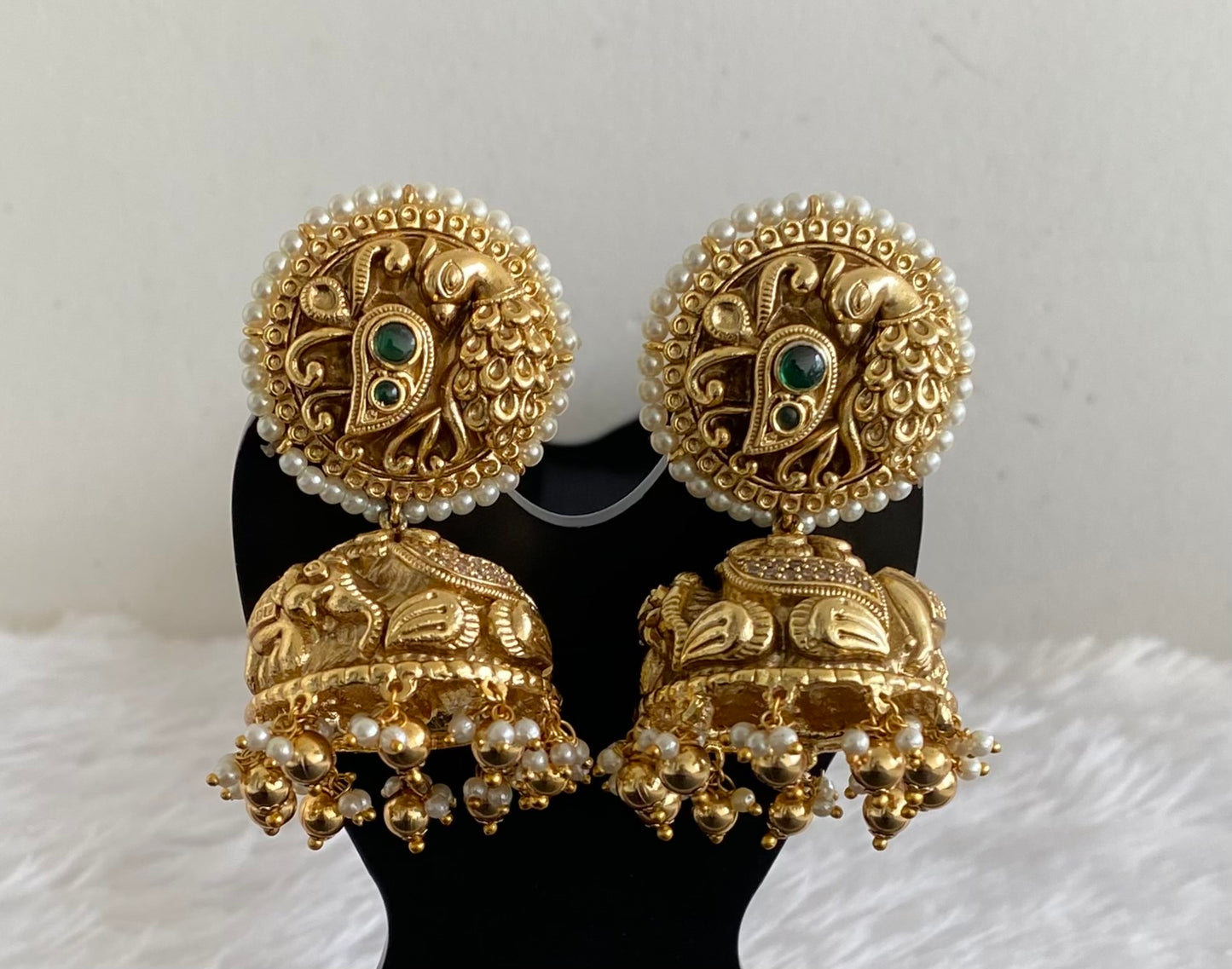 Antique gold tone cz green pearl round big nakshi jhumkka dj-53590