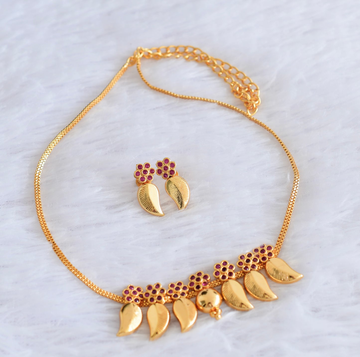 Gold tone pink flower stone mango necklace set dj-53048