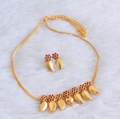 Gold tone pink flower stone mango necklace set dj-53048