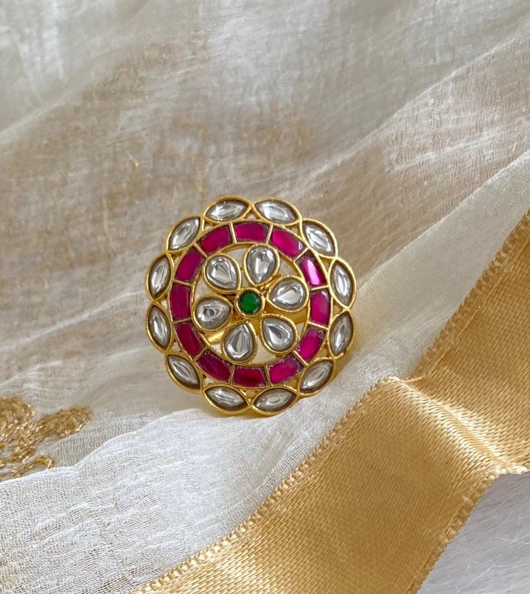 Gold tone pink-green-white kundan jadau round finger ring dj-54320