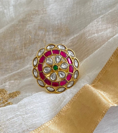 Gold tone pink-green-white kundan jadau round finger ring dj-54320