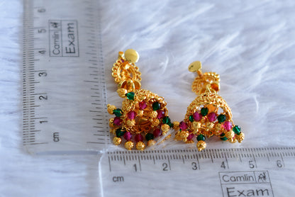 Gold tone kerala style pink-green lakshmi jhumkka dj-51807