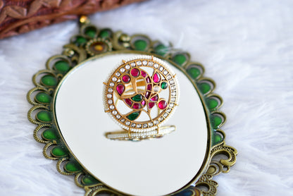 Gold tone pink-green-pearl kundan jadau round peacock finger ring dj-52367