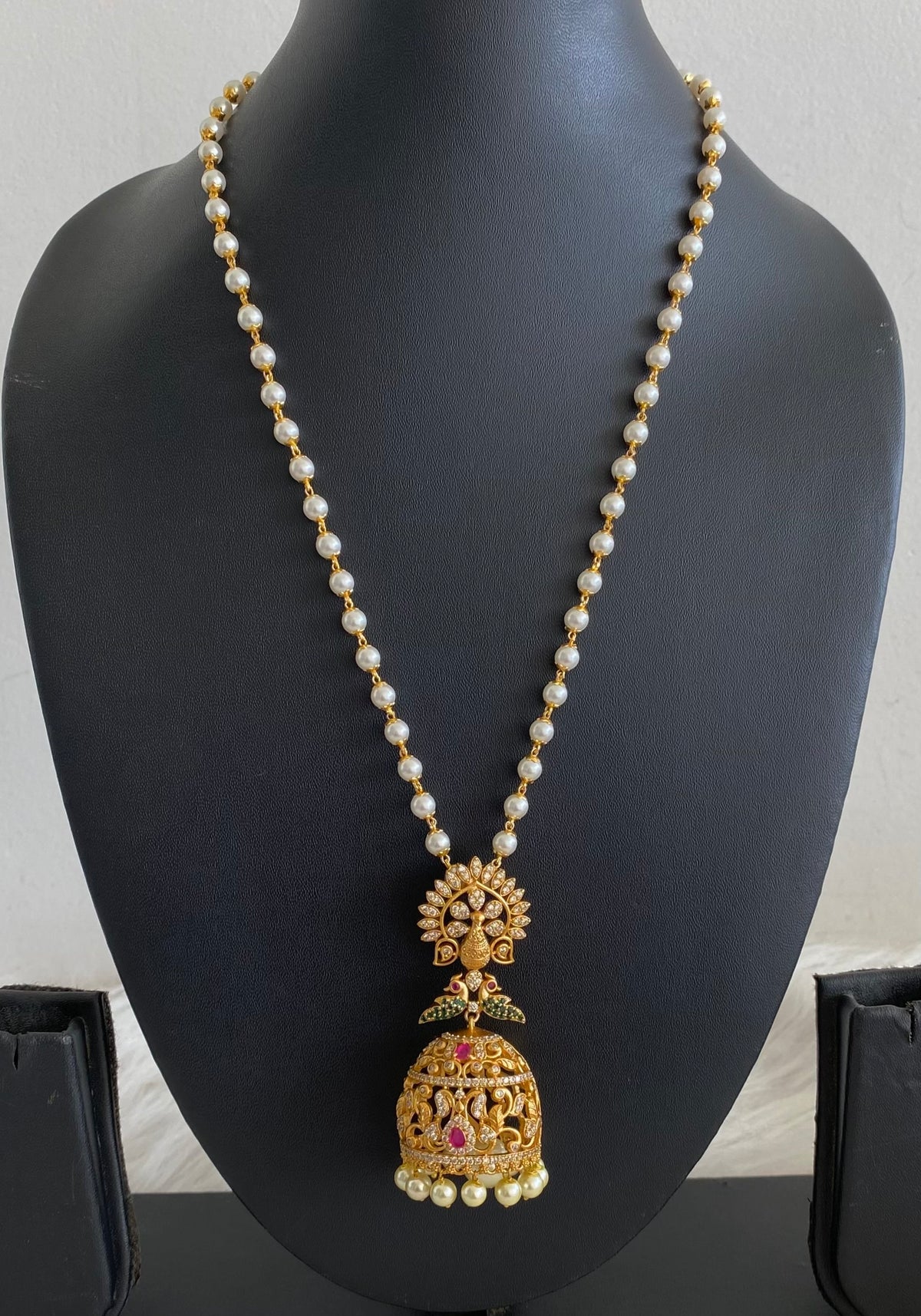 Antique gold tone ruby-green-white peacock jhumkka pendant with pearl chain dj-55088
