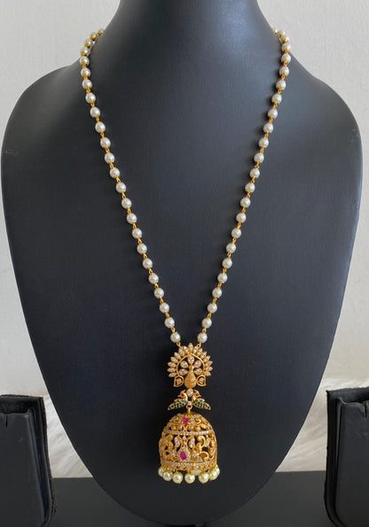 Antique gold tone ruby-green-white peacock jhumkka pendant with pearl chain dj-55088