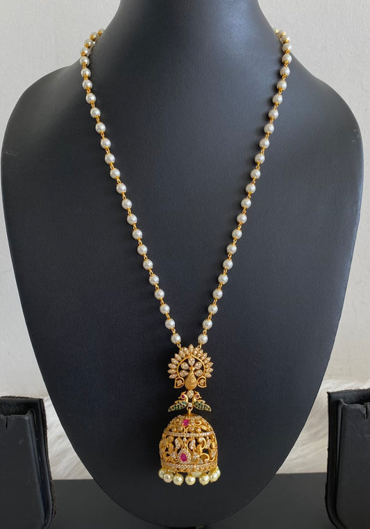 Antique gold tone ruby-green-white peacock jhumkka pendant with pearl chain dj-55088
