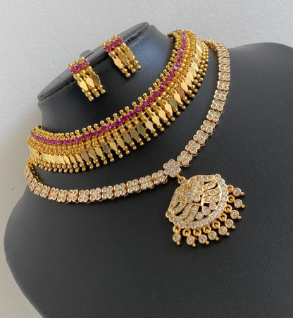 Gold tone pink-white stone combo necklace set dj-55105