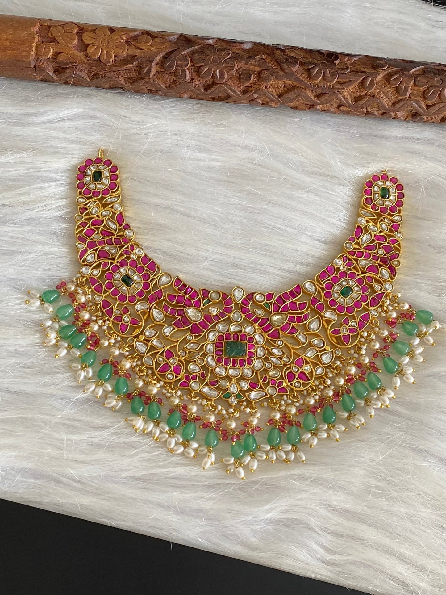 Antique gold tone peacock beads kundan jadau choker necklace dj-54166