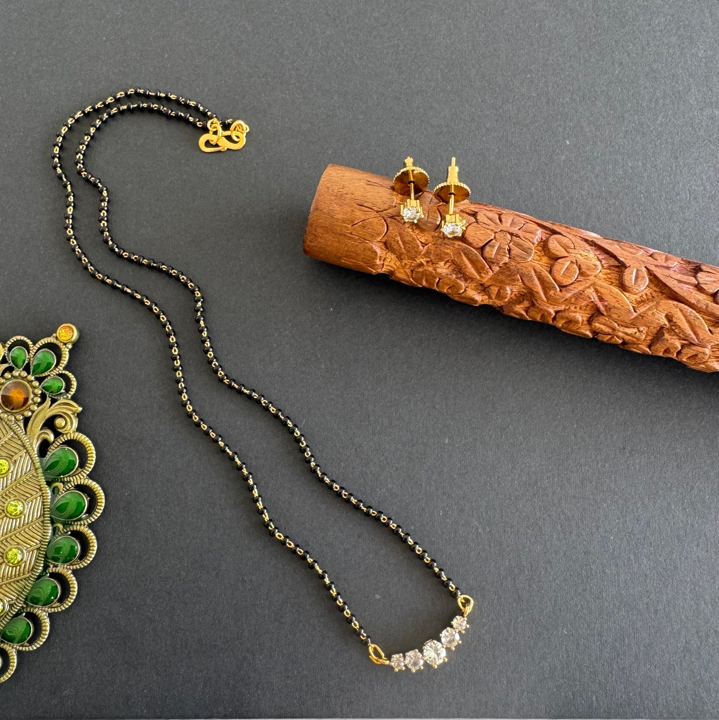 Antique gold tone cz white stone 18 inches mangalsutra set dj-52069