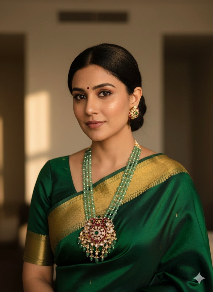 Matte finish pink-green-white kundan jadau green beaded peacock haar set dj-52234