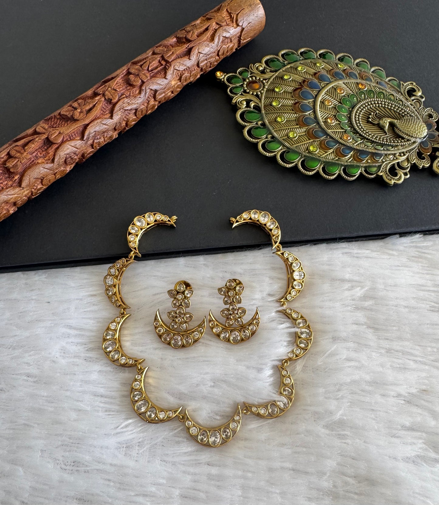 Antique gold tone cz white moon necklace set dj-52119