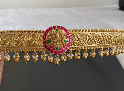 Matte finish pink-green-white kundan jadau lakshmi peacock waist belt dj-53473