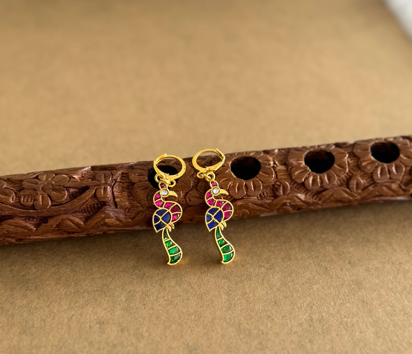 Gold tone multicolor kundan jadau peacock hook earrings dj-51528