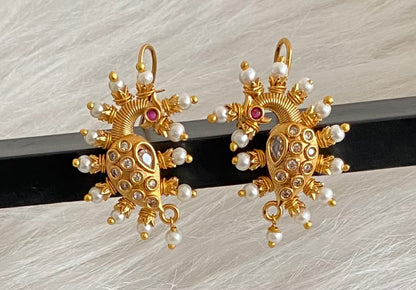 Matte gold white stone pearl peacock bugadi earrings dj-53674