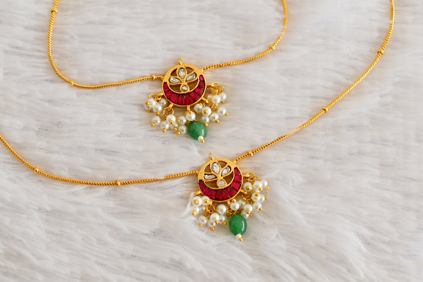 Gold tone pink-green pearl kundan jadau anklets dj-52386
