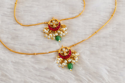 Gold tone pink-green pearl kundan jadau anklets dj-52386
