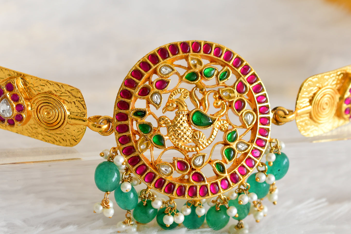 Gold tone pink-green-white kundan jadau Peacock mango waist band dj-52174