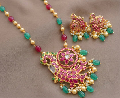 Gold Tone Cz Pink-green Uncut Polki Beaded Necklace Set DJ33712