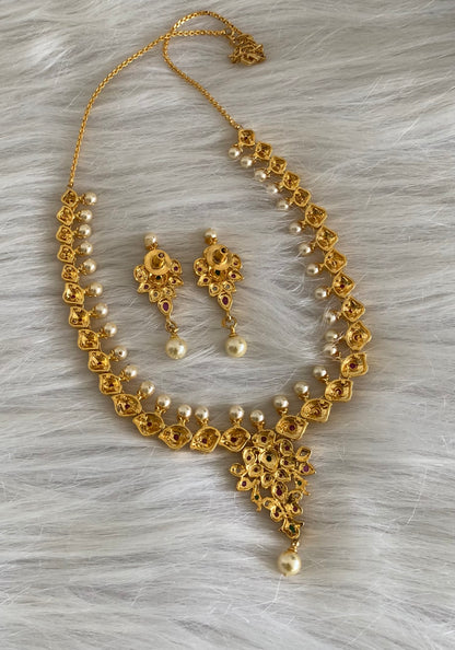 Gold tone ruby-green pearl necklace set dj-53832