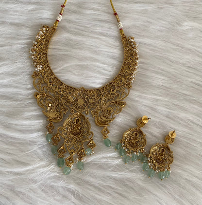 Antique gold tone lakshmi peacock beaded kundan jadau necklace set dj-54508