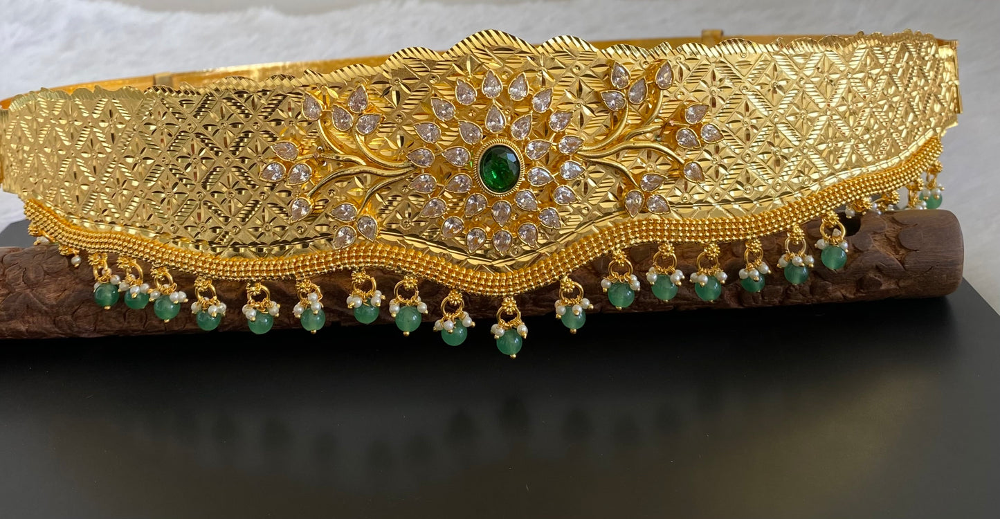 Gold tone white green stone flower design adjustable waist belt dj-53465