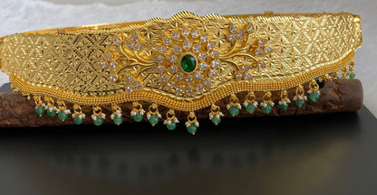 Gold tone white green stone flower design adjustable waist belt dj-53465