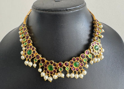 Gold tone precious kemp-green pearl flower necklace dj-51184