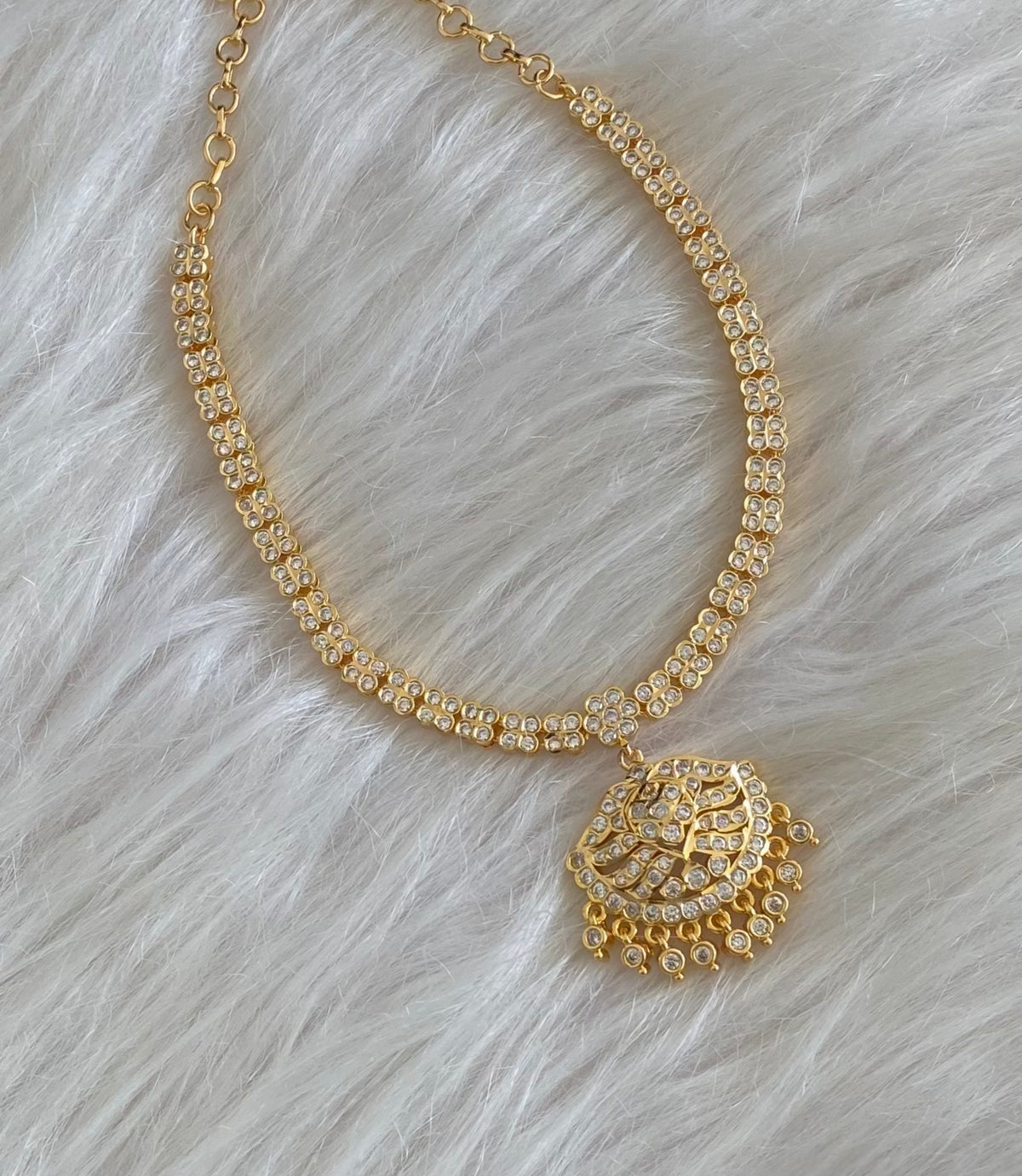 Gold tone pink-white stone combo necklace set dj-55105