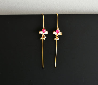 Gold tone pink-white kundan jadau flower bugadi needle earrings dj-52454