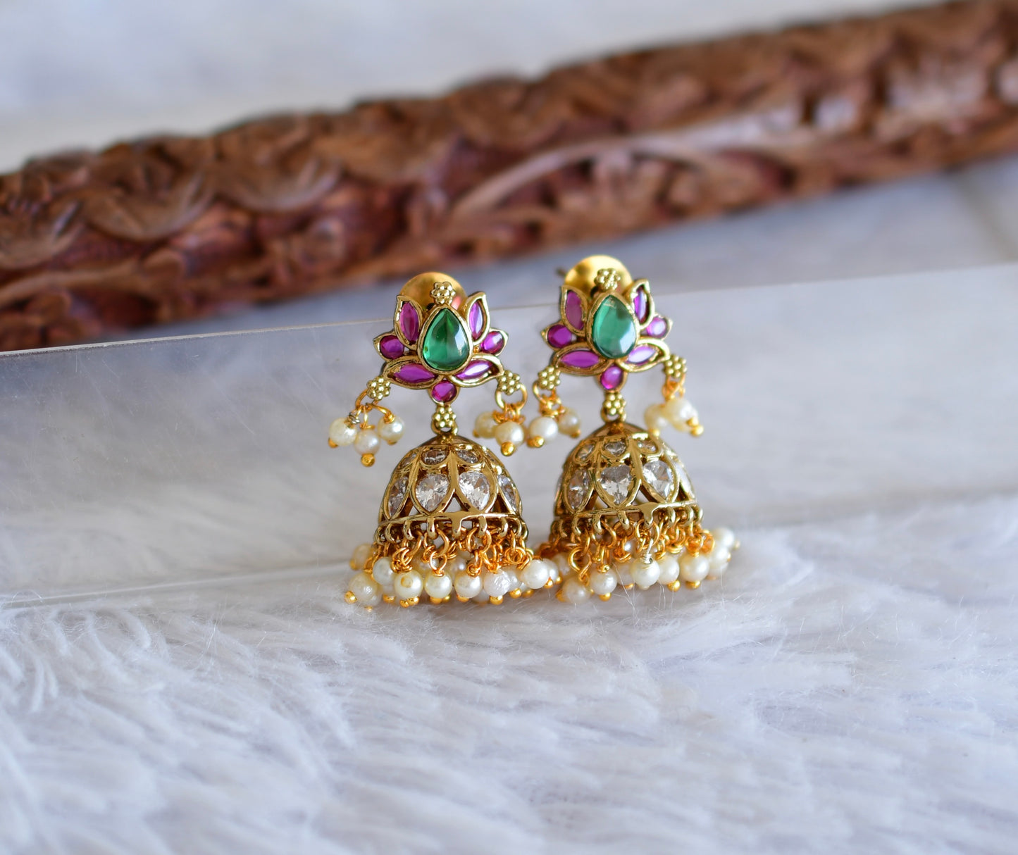 Antique gold tone cz kemp-green lotus jhumkka dj-52548