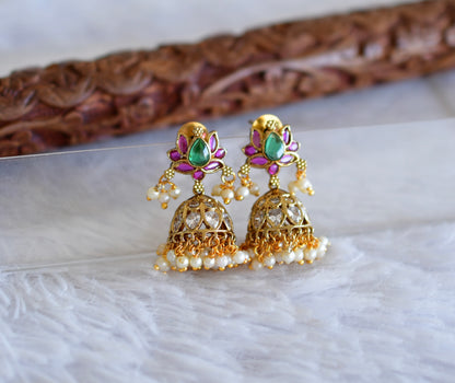 Antique gold tone cz kemp-green lotus jhumkka dj-52548