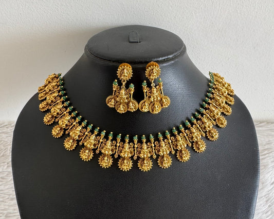 Antique gold tone lakshmi green beaded necklace set dj-52076
