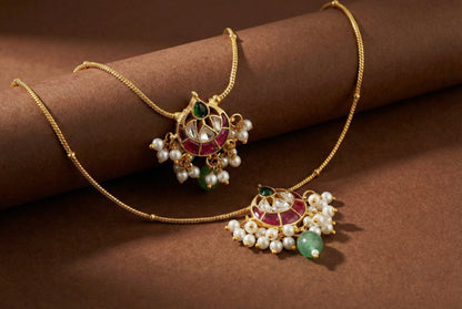 Gold tone pink-white-green kundan jadau anklets dj-52404