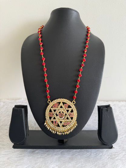 Gold tone maroon beaded chain with Tamil “Om Saravana Bhava” pendant dj-52227