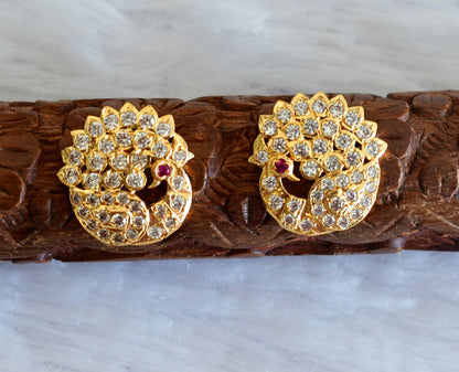 Gold tone AD white-pink south Indian peacock round stad/earrings dj-53348