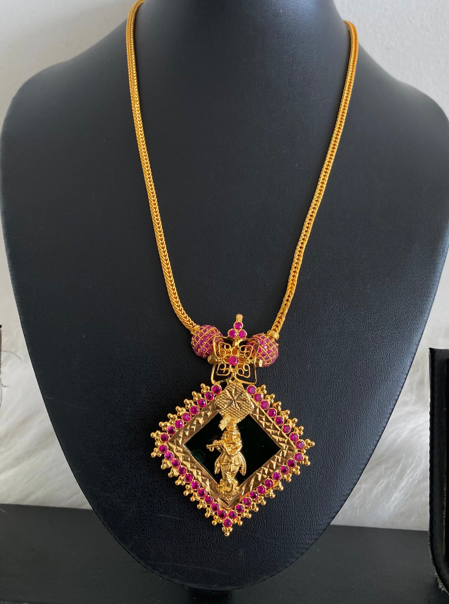 Gold tone green-pink stone krishna necklace dj-54446